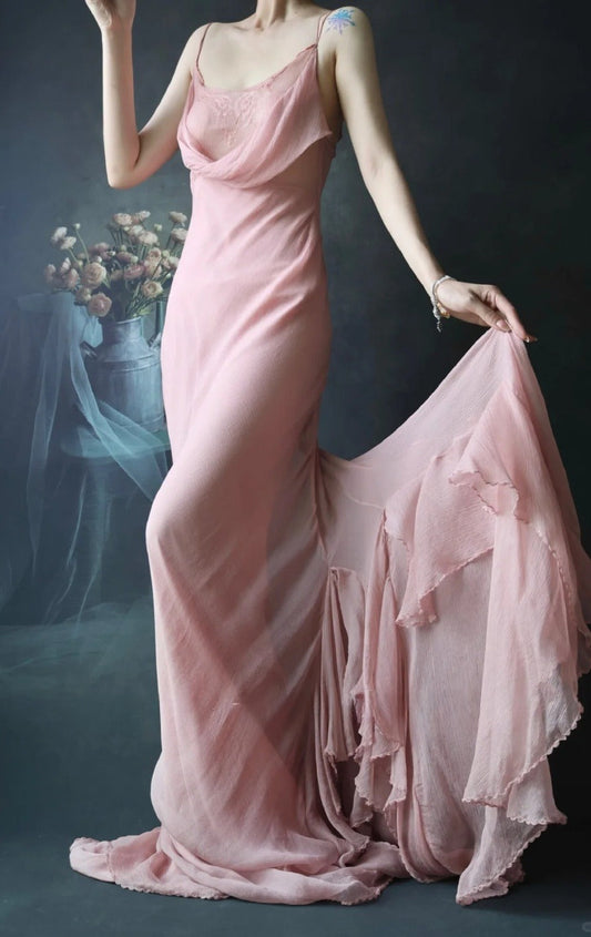 Spaghetti Strap Sheath Long Prom Dresses Chiffon Dusty Pink Evening Dresses HZ1024