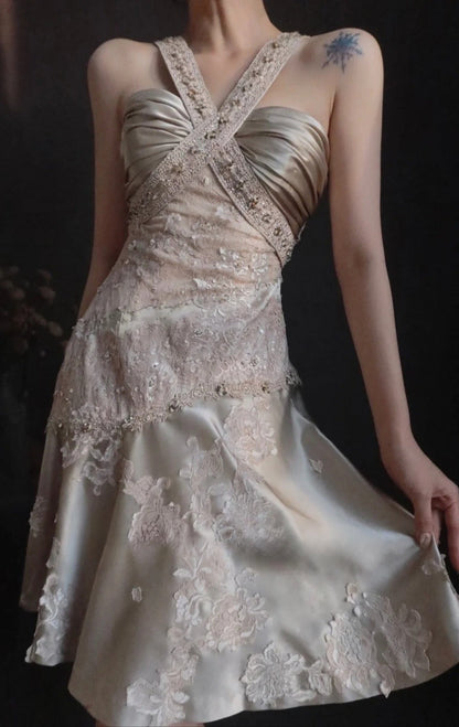 V-neck Sheath Wedding Guest Dresses Satin Lace Birthday Dresses HZ1024