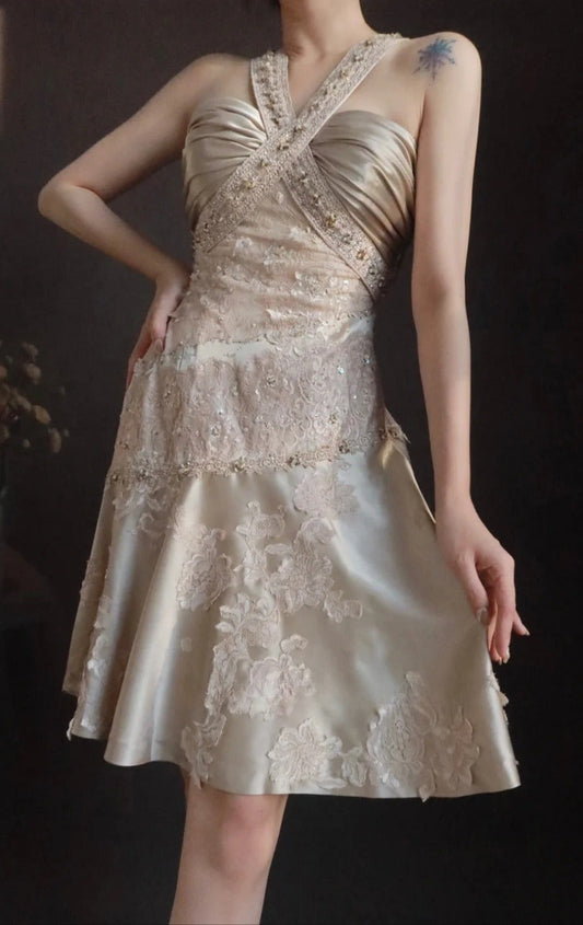 Elegant V-neck Sheath Wedding Guest Dresses Satin Lace Birthday Dresses EP04795