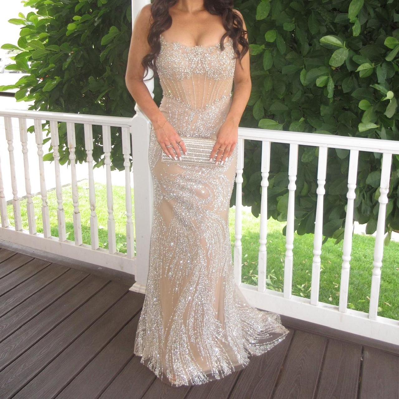 Strapless Sheath Champagne Long Prom Dresses Rhinestone Tulle Birthday Dresses Champagne Evening Dresses HZ1024