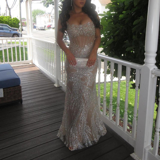 Sexy Strapless Sheath Champagne Long Prom Dresses Rhinestone Tulle Birthday Dresses Champagne Evening Dresses EP04826