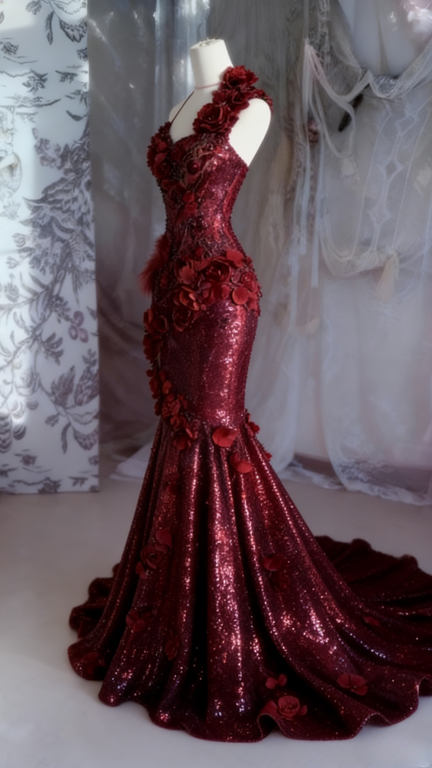 Elegant Halter Mermaid Burgundy Long Prom Dresses Sequin Burgundy Evening Dresses EP05112