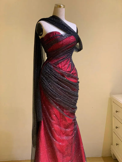 Elegant Sweetheart Sheath Burgundy Long Prom Dresses Black Tulle Sleeveless Birthday Dresses EP05126