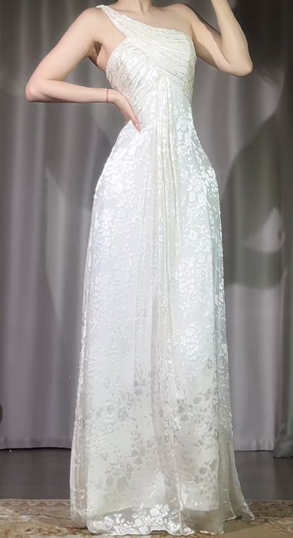 Chic One Shoulder Sheath White Long Prom Dresses Chiffon Sleeveless White Evening Dresses EP05127