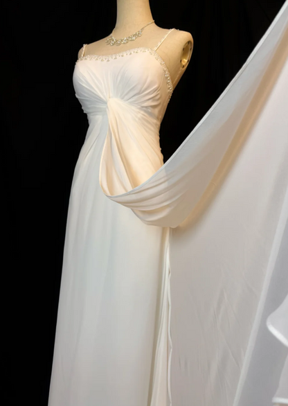 Chic Spaghetti Strap Sheath White Long Prom Dresses Chiffon Beaded Sleeveless White Evening Dresses EP05128
