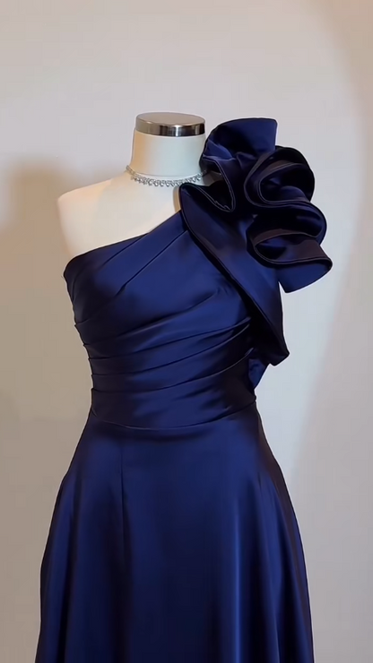 Chic One Shoulder A-Line Midnight Blue Long Prom Dresses Satin Midnight Blue Bridesmaid Dresses EP05132