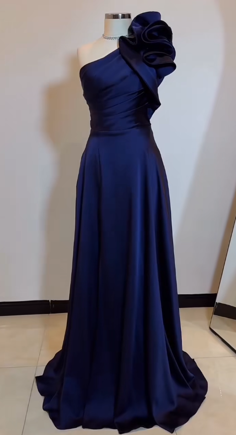 Chic One Shoulder A-Line Midnight Blue Long Prom Dresses Satin Midnight Blue Bridesmaid Dresses EP05132