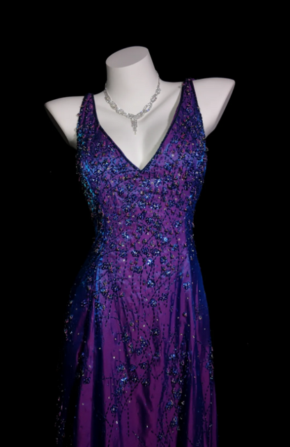 Chic V-neck Sheath Purple Long Prom Dresses Satin Beading Purple Formal Dresses EP05134