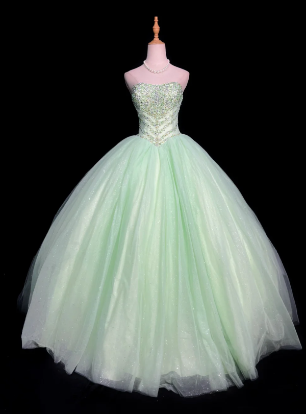 Cute Strapless Ball Gown Sleeveless Long Prom Dresses Tulle Green Quinceanera Dresses Sweet 16 Dress EP05142