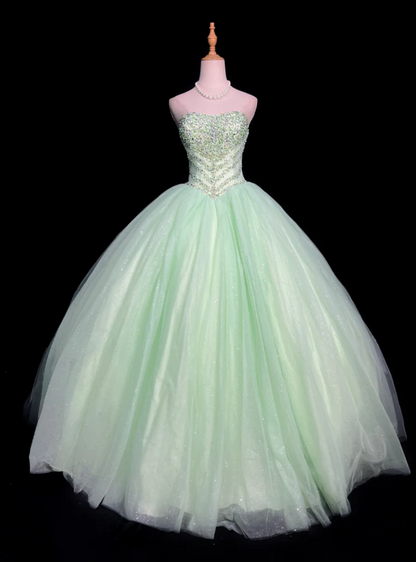 Cute Strapless Ball Gown Sleeveless Long Prom Dresses Tulle Green Quinceanera Dresses Sweet 16 Dress EP05142
