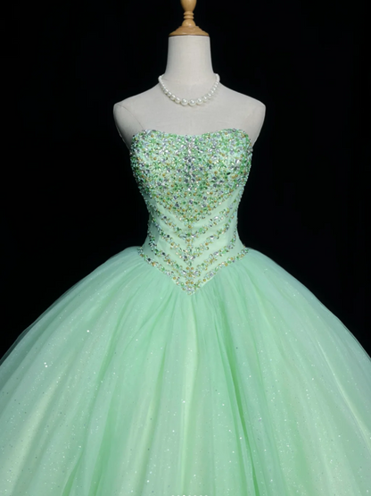 Cute Strapless Ball Gown Sleeveless Long Prom Dresses Tulle Green Quinceanera Dresses Sweet 16 Dress EP05142