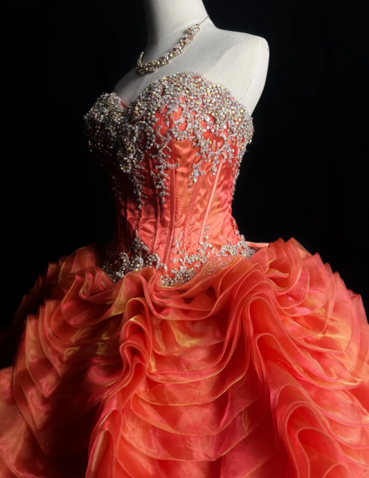 Cute Strapless Ball Gown Sleeveless Long Prom Dresses Tulle Applique Orange Quinceanera Dresses Sweet 16 Dress EP05143