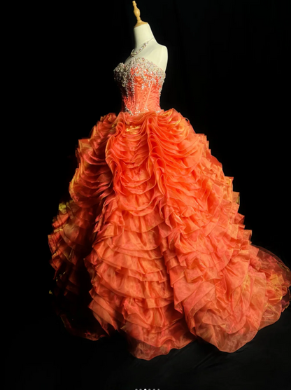 Cute Strapless Ball Gown Sleeveless Long Prom Dresses Tulle Applique Orange Quinceanera Dresses Sweet 16 Dress EP05143