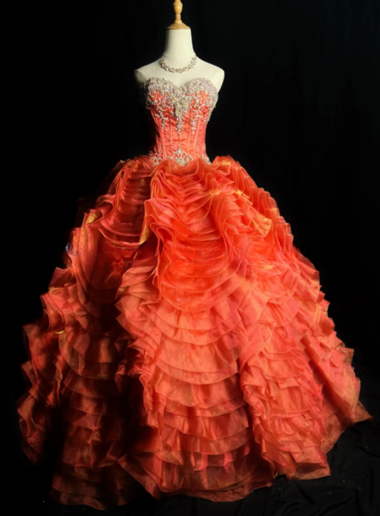 Cute Strapless Ball Gown Sleeveless Long Prom Dresses Tulle Applique Orange Quinceanera Dresses Sweet 16 Dress EP05143