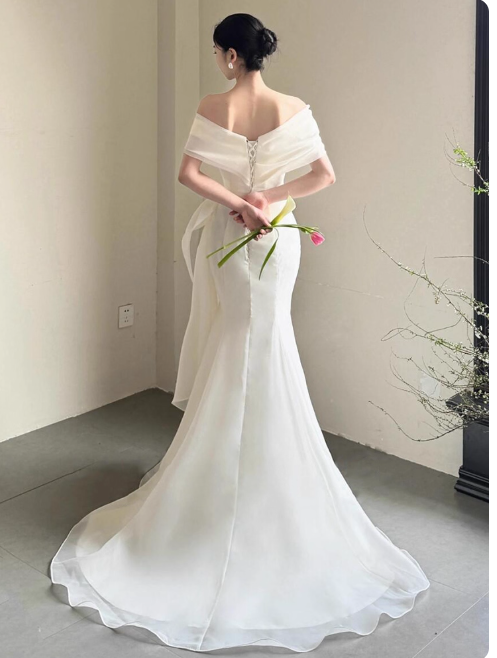 Simple Cap Neck Mermaid Long Wedding Dresses Tulle White Bridal Gowns Short SleeveBridal Dresses EP05147