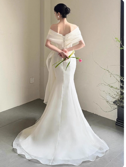 Simple Cap Neck Mermaid Long Wedding Dresses Tulle White Bridal Gowns Short SleeveBridal Dresses EP05147