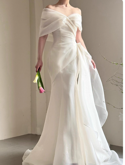 Simple Cap Neck Mermaid Long Wedding Dresses Tulle White Bridal Gowns Short SleeveBridal Dresses EP05147