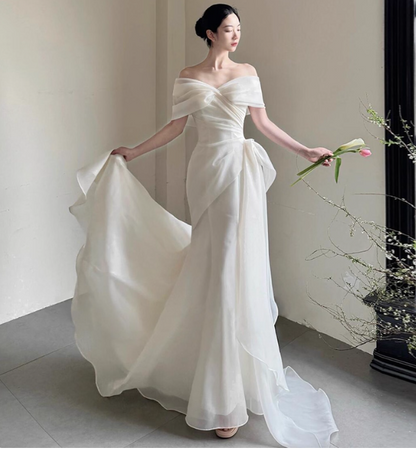 Simple Cap Neck Mermaid Long Wedding Dresses Tulle White Bridal Gowns Short SleeveBridal Dresses EP05147