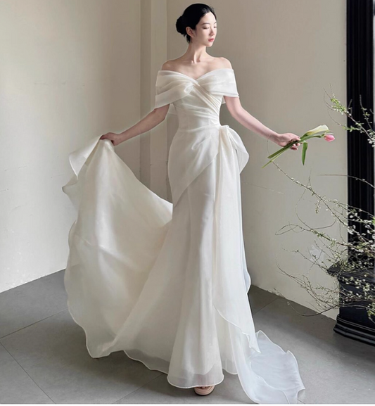 Simple Cap Neck Mermaid Long Wedding Dresses Tulle White Bridal Gowns Short SleeveBridal Dresses EP05147