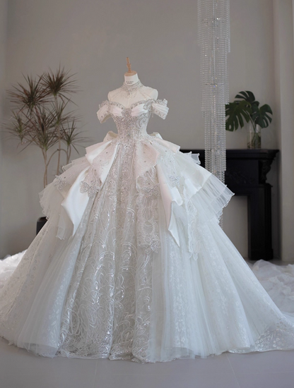 Princess Off-the-shoulder Ball Gown Long Wedding Dresses Lace Applique White Bridal Gowns Short Sleeve Bridal Dresses EP05148