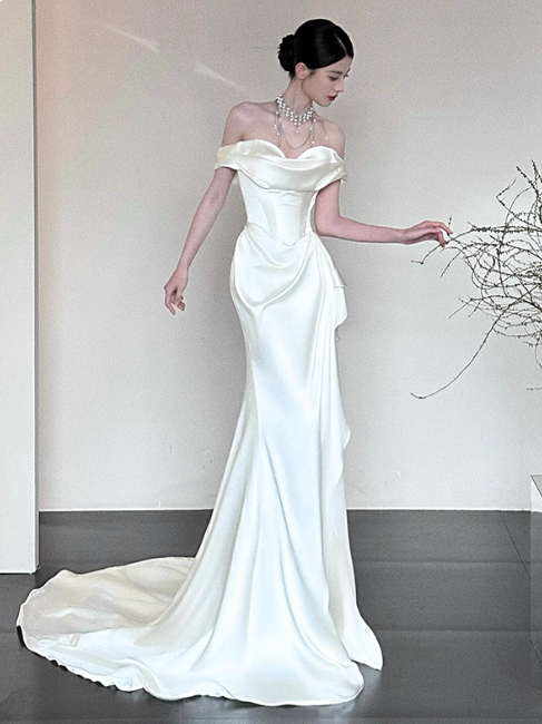 Princess Off-the-shoulder Sheath Long Wedding Dresses Satin White Bridal Gowns Short Sleeve Bridal Dresses EP05149
