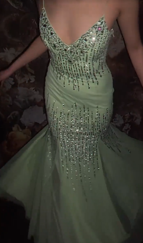 Elegant Spaghetti Straps Mermaid Long Prom Dresses Tulle Sequins Green Evening Dresses  EP05390