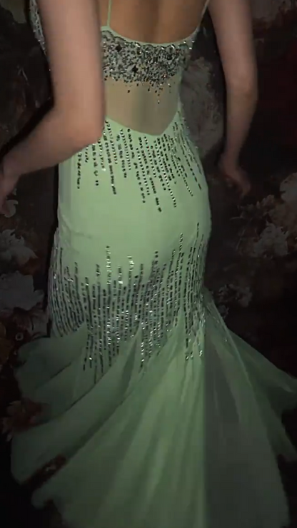 Elegant Spaghetti Straps Mermaid Long Prom Dresses Tulle Sequins Green Evening Dresses  EP05390
