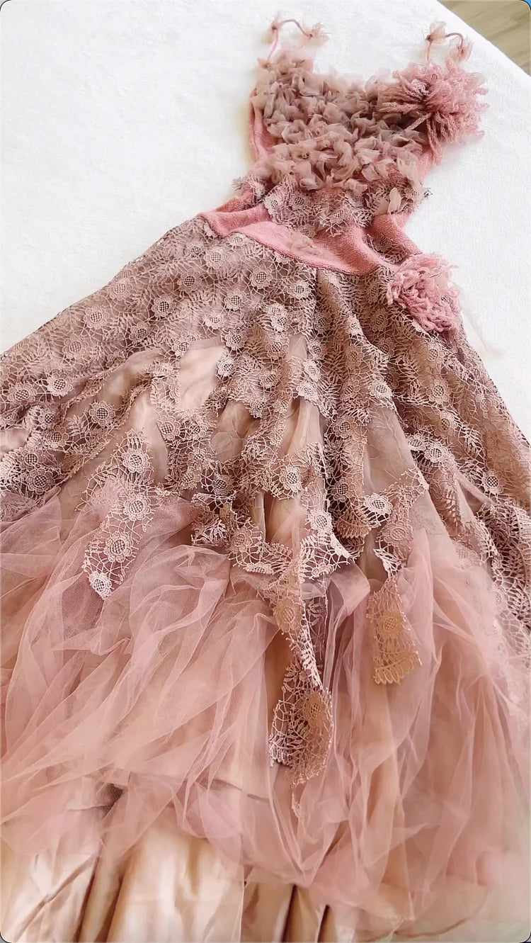 Vintage Spaghetti Straps A-Line Long Prom Dresses Applique Tulle Pink Evening Dresses  EP05393