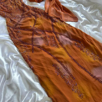 Vintage Spaghetti Straps Sheath Long Prom Dresses Beaded Chiffon Orange Evening Dresses  EP05394