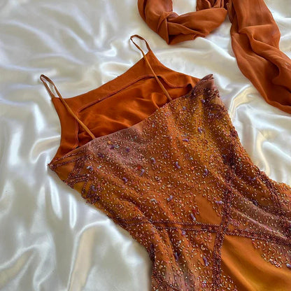 Vintage Spaghetti Straps Sheath Long Prom Dresses Beaded Chiffon Orange Evening Dresses  EP05394