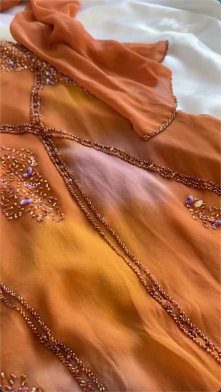 Vintage Spaghetti Straps Sheath Long Prom Dresses Beaded Chiffon Orange Evening Dresses  EP05394