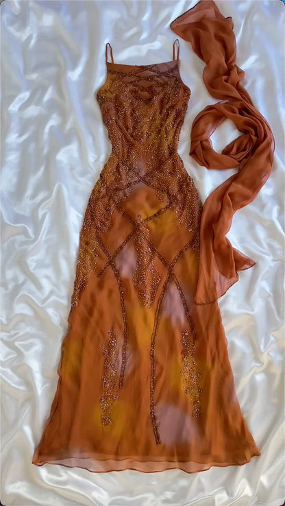 Vintage Spaghetti Straps Sheath Long Prom Dresses Beaded Chiffon Orange Evening Dresses  EP05394