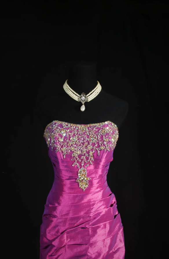 Elegant Strapless Sheath Long Prom Dresses Beaded Satin Pink Evening Dresses Sleeveless Pink Birthday Dresses EP05397