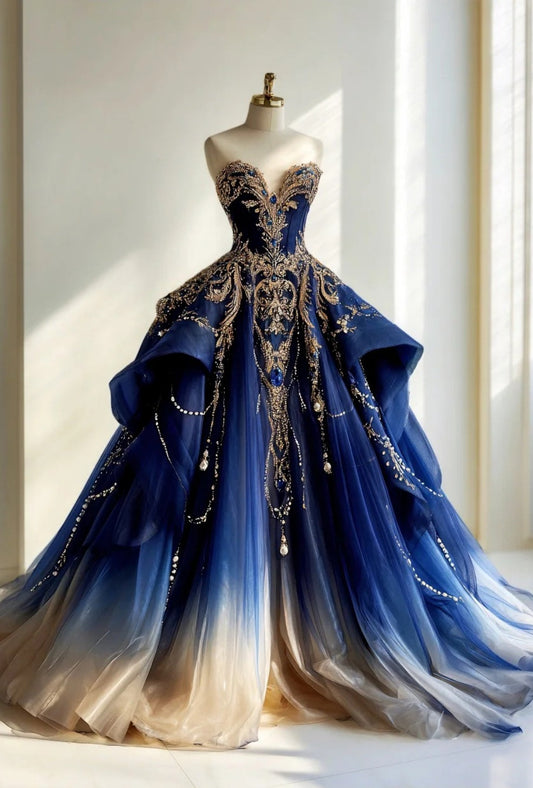 Gorgeous Sweetheart A-Line Long Prom Dresses Rhinstones Tulle Blue Quinceanera Dresses Blue Sweet 16 Dresses EP05662
