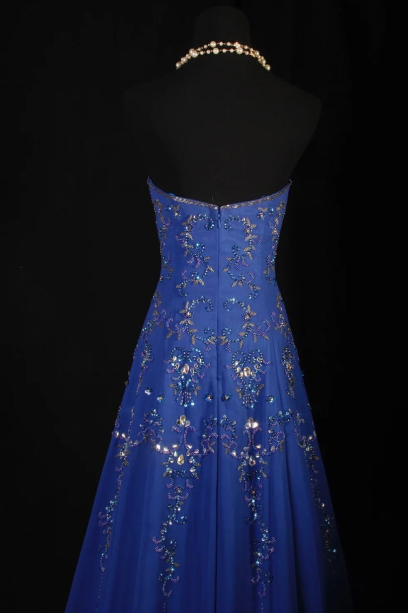 Gorgeous Strapless A-Line Long Prom Dresses Beaded Chiffon Blue Evening Dresses Sleeveless Blue Formal Dresses EP05667