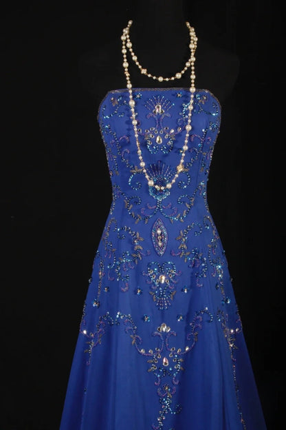 Gorgeous Strapless A-Line Long Prom Dresses Beaded Chiffon Blue Evening Dresses Sleeveless Blue Formal Dresses EP05667