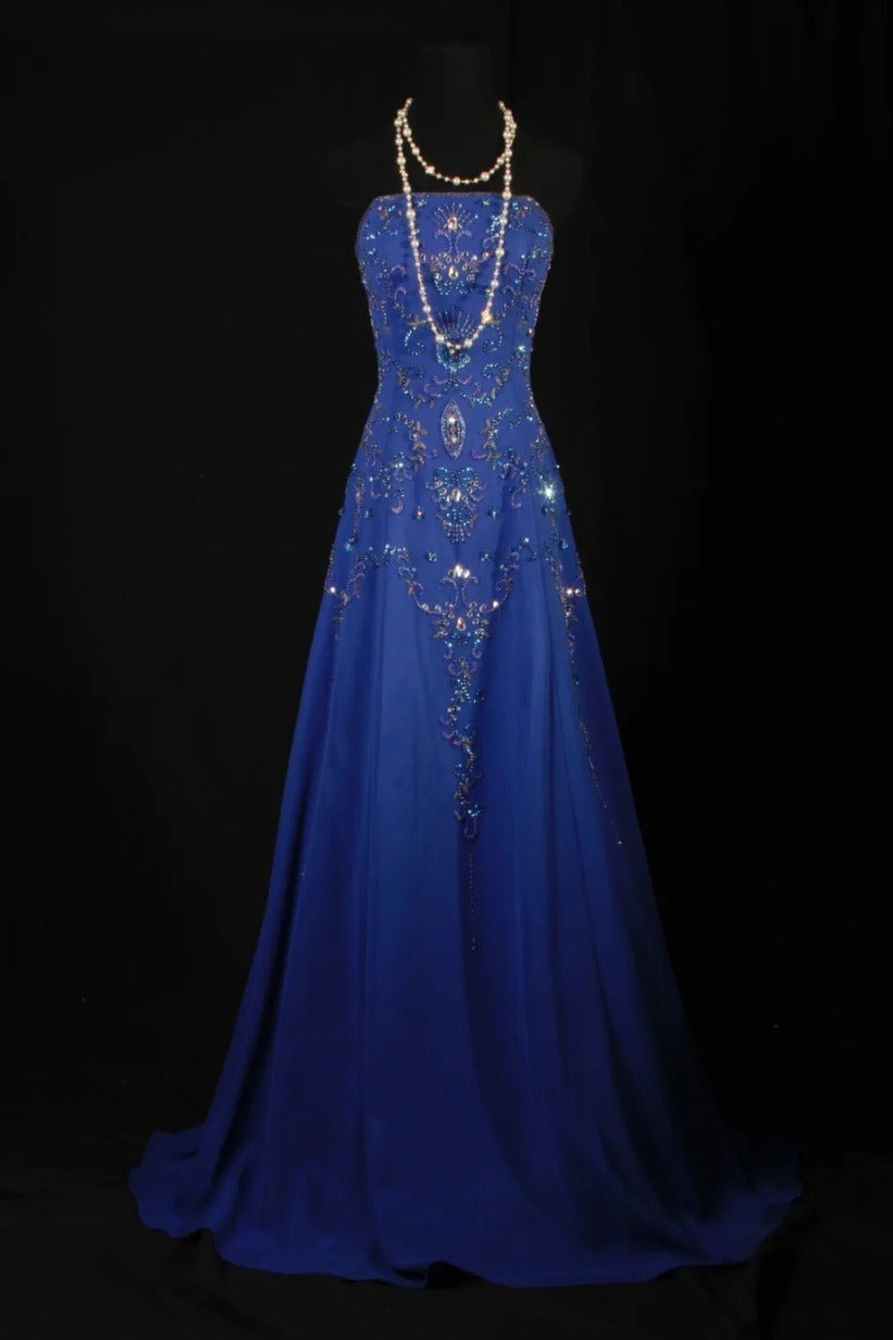 Gorgeous Strapless A-Line Long Prom Dresses Beaded Chiffon Blue Evening Dresses Sleeveless Blue Formal Dresses EP05667
