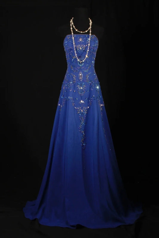 Gorgeous Strapless A-Line Long Prom Dresses Beaded Chiffon Blue Evening Dresses Sleeveless Blue Formal Dresses EP05667