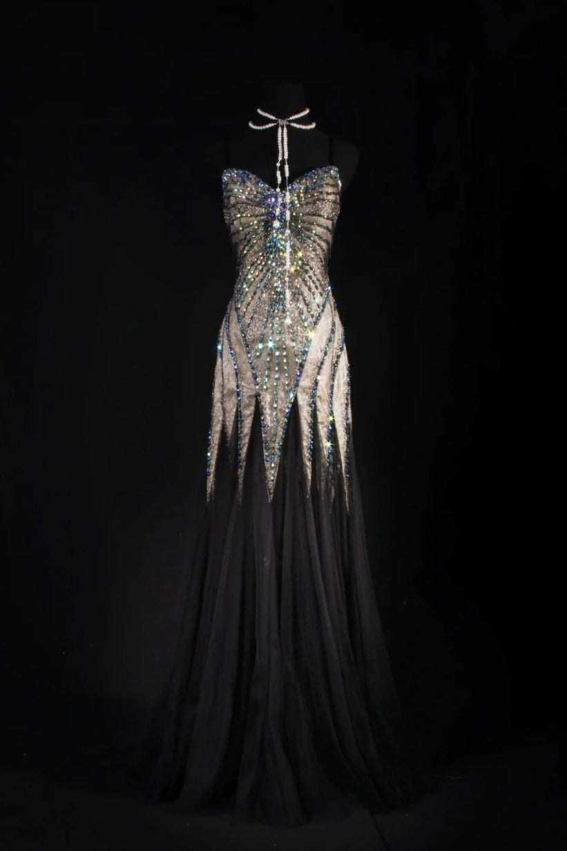 Gorgeous Strapless Sheath Long Prom Dresses Beaded Chiffon Brown Evening Dresses Sleeveless Brown Formal Dresses EP05668