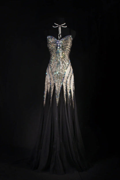 Gorgeous Strapless Sheath Long Prom Dresses Beaded Chiffon Brown Evening Dresses Sleeveless Brown Formal Dresses EP05668