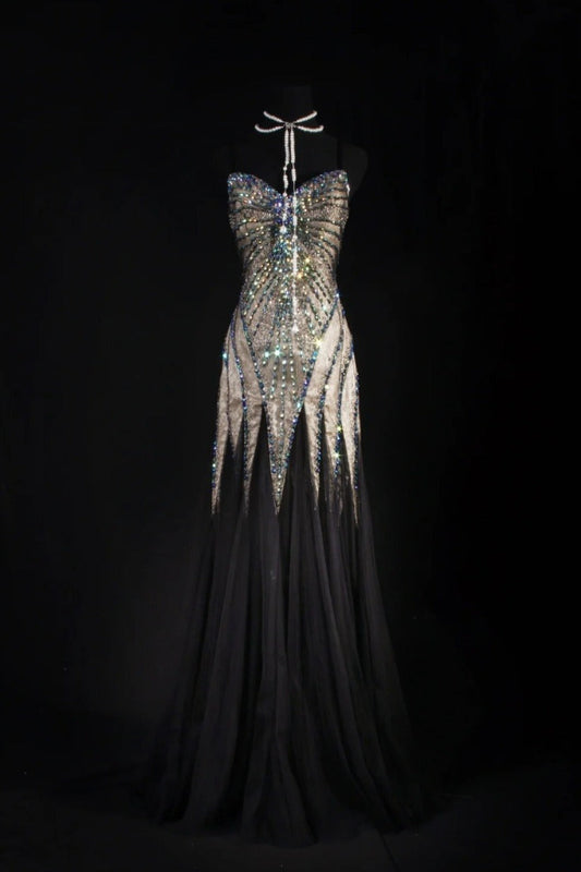 Gorgeous Strapless Sheath Long Prom Dresses Beaded Chiffon Brown Evening Dresses Sleeveless Brown Formal Dresses EP05668