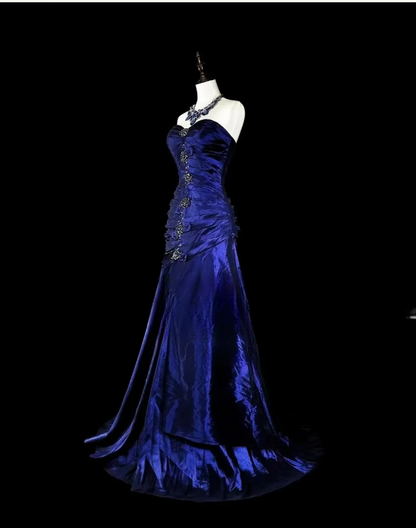 Vintage Strapless Sheath Long Prom Dresses Satin Navy Blue Evening Dresses Sleeveless Navy Blue Birthday Dresses EP05675