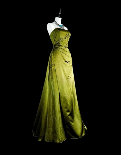 Vintage Strapless Sheath Long Prom Dresses Satin Olive Green Evening Dresses Sleeveless Olive Green Birthday Dresses EP05676