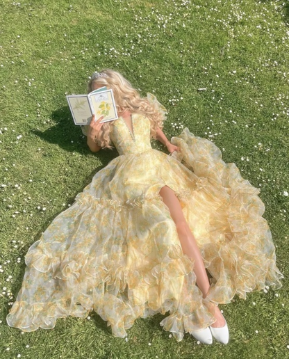 Fairy A-Line Long Yellow Prom Dresses Floral Tulle Yellow Evening Dresses Yellow Christmas Party Dresses   EP05684