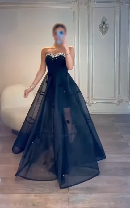 Glam Strapless A-Line Long Prom Dresses Tulle Navy Blue Evening Dresses Navy Blue Christmas Party Dresses  EP05685