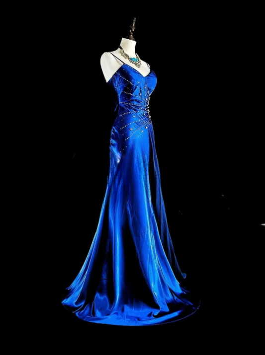 Gorgeous Spaghetti Straps Sheath Long Prom Dresses Sleeveless Blue Birthday Dresses Satin Blue Evening Dresses   EP05692