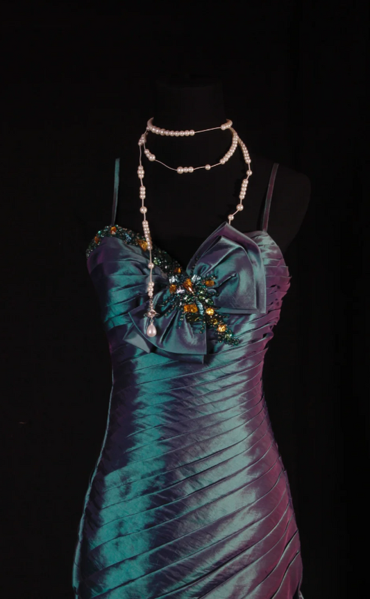 Fairy Spaghetti Straps Sheath Long Prom Dresses Satin Sleeveless Evening Dresses Teal Birthday Dresses EP05703