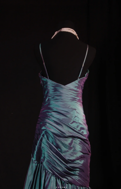 Fairy Spaghetti Straps Sheath Long Prom Dresses Satin Sleeveless Evening Dresses Teal Birthday Dresses EP05703