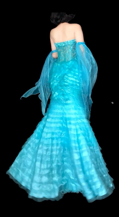 Chic Blue Mermaid Long Prom Dresses Sweetheart Tulle Sleeveless Evening Dresses   EP05710