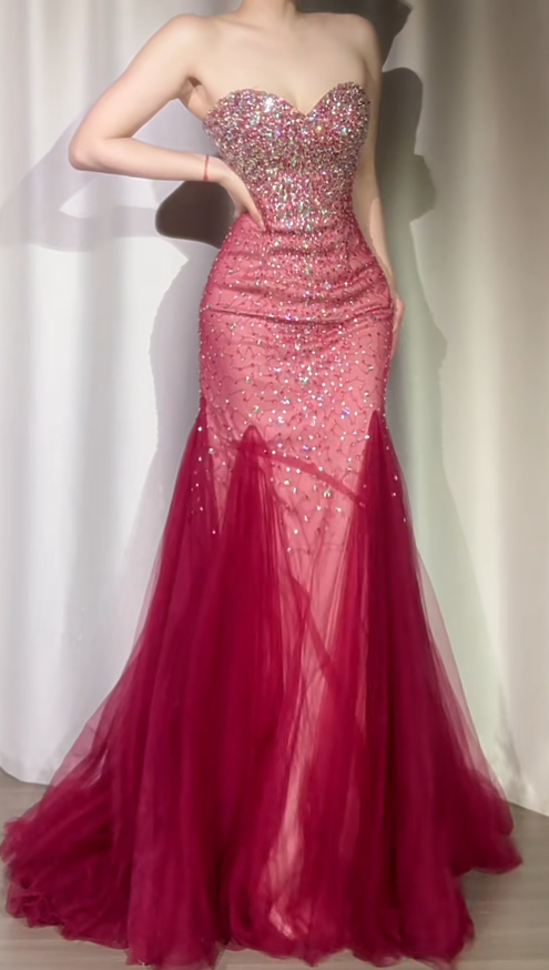 Burgundy Mermaid Long Prom Dresses Chic Sweetheart Tulle Sequins Party Dresses Sleeveless Evening Dresses  EP05742